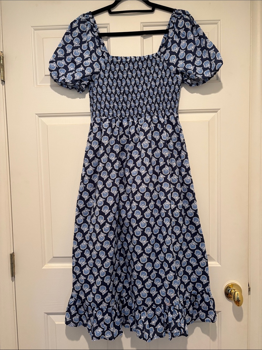 J. Crew Navy and Light Blue Floral Smocked Puff-Sleeve Dress